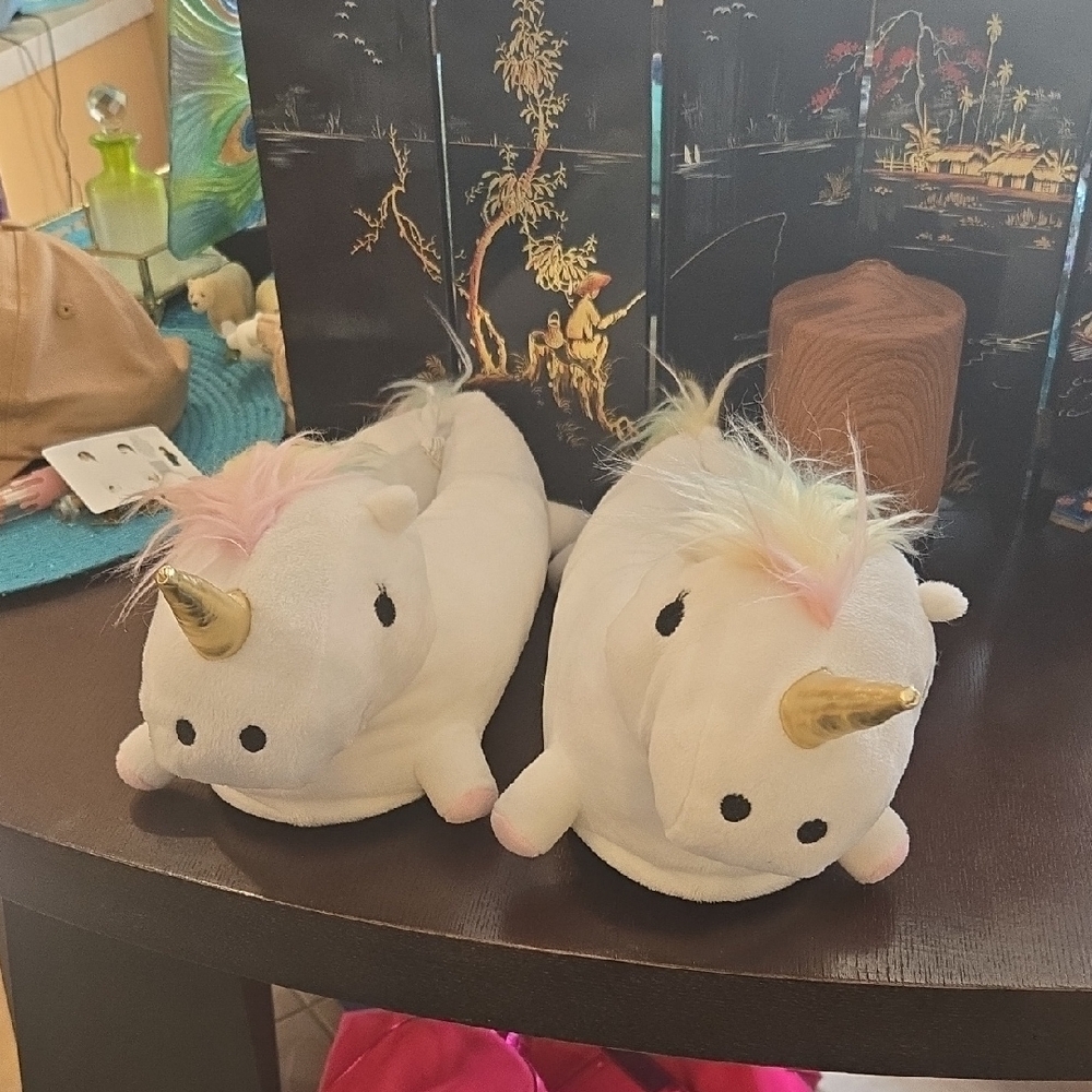 White Unicorn Plush Slippers with Gold Horn